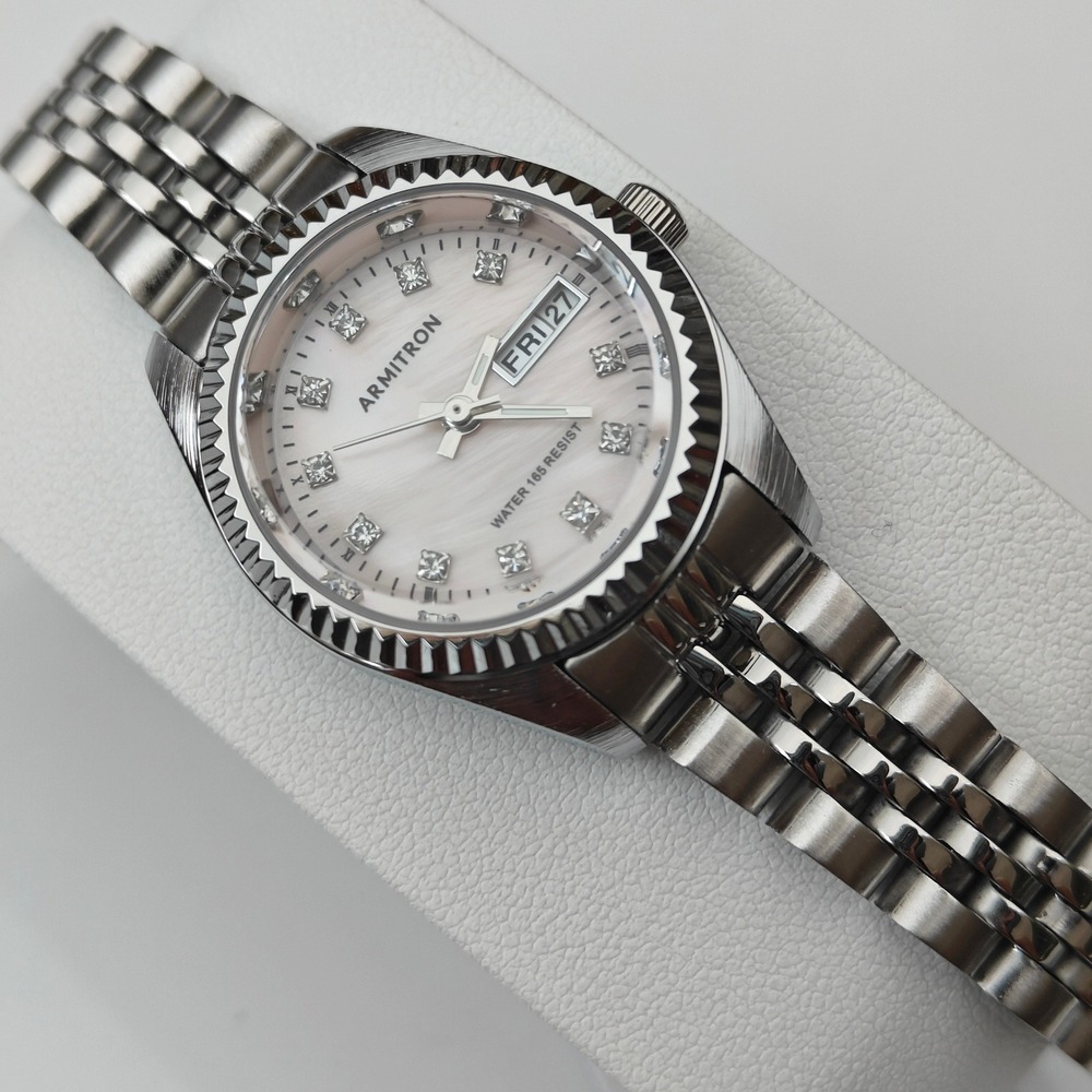 Armitron Womens Silver Tone Baby Pink Dial Crystal Watch Mother of Pearl Date